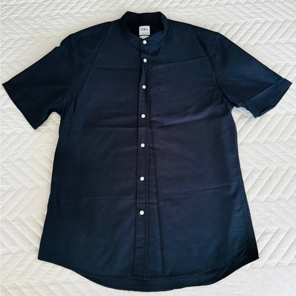 Zara Man Mandarin Collar Button Down Shirt Black Size L Used Great Condition!
